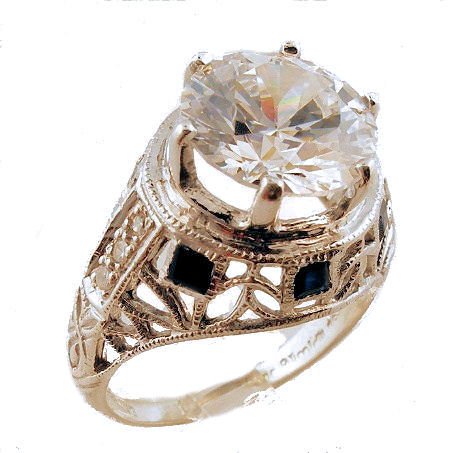 Art Deco Style Sterling Silver 3.5ct Cubic Zirconia and Sapphire Ring