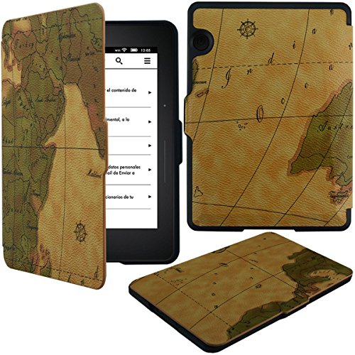 HOTCOOL Amazon Kindle Voyage Case Cover - The Thinnest And Lightest PU Leather 201ab Case For 2014 Version Amazon Kindle Voyage (Will Not Fit Kindle Paperwhite)(With Smart Auto Sleep/Wake feature), Map Brown