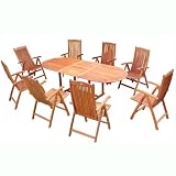 VIFAH V144SET2 Outdoor Wood 9-Piece Dining Set with Oval Extension Table - Natural Wood Finish - 91 by 39 by 29-Inch