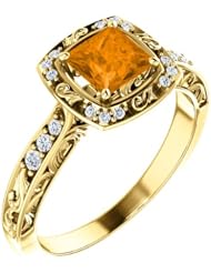 18K Yellow Gold 5.00x5.00mm Princess Cut Spessartite Garnet and Diamond Ring -- LIFETIME WARRANTY