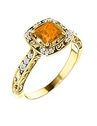 14K Yellow Gold 5.00x5.00mm Princess Cut Spessartite Garnet and Diamond Ring -- LIFETIME WARRANTY