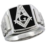 Sterling Silver Men's Black Onyx Masonic Ring w/ CZ Stones & Frosted Sides, 5/8 in. (16mm) wide