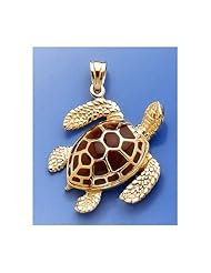 Gold Charm 3d Sea Turtle With Brown Enamel Shell