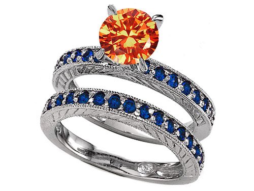 2.05 cttw Sterling Silver 14K White Gold Plated Lab Created Round Orange Sapphire Wedding Set - gold-plated