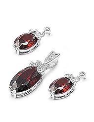 Sterling Silver Pendant & Earring Set, Pendant Height: 26 mm (1.02 inch), Earrings Height: 18 mm (0.74 inch), Stone: Garnet, Clear CZ