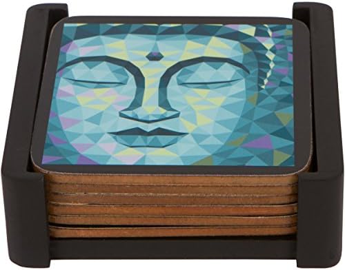 Planet Ethnic Colorful Buddha Designer Wood MDF Cork Coaster Set (6 Coasters, Each Almost 4 X 4 inches) with Matching Wooden Coaster Holder