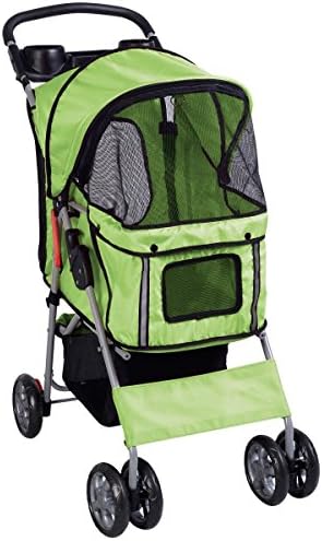 Pet Strollers Cat Dog 4 Wheels Stroller Travel Folding Easy Walk Carrier (Green)
