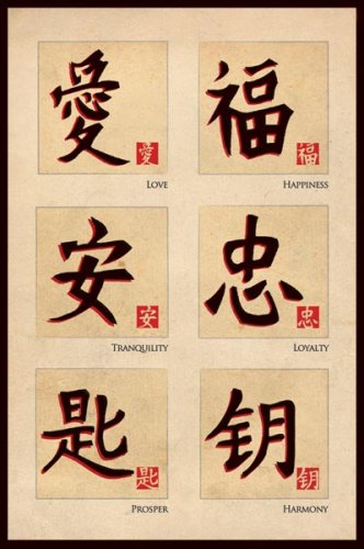 Chinese Characters (Love, Happiness, Tranquility, Loyalty, Prosper, Harmony) Art Poster Print - 24