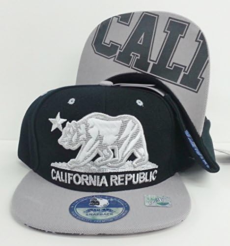 California Republic "Cali" Print under Flat Bill Snapback Hat Caps - Blk/Gray Bill