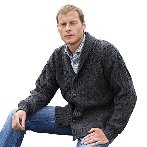 100% Irish Merino Wool Aran Button Cardigan - Fast delivery from Ireland (Medium, Charcoal)