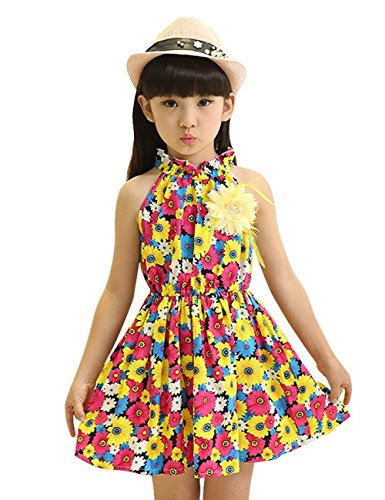 YJ.GWL Girls Casual Dress Vest Halter Dress Flower Printed Dress with Flower Pin