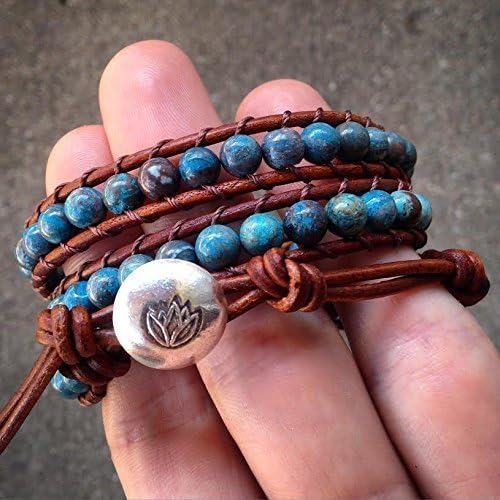Blue Sky Jasper Beaded Leather 3 Wrap Bracelet with Sterling Silver Lotus Flower