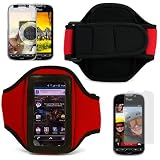 Red Durable Neoprene Exercise Sports Workout Armband with Adjustable Velcro Strap for HTC T-Mobile My Touch 4G Android Smartphone + Anti Glare Clear Screen Protector + Mirror Screen Protector
