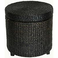 Oriental Furniture Most Affordable Low Price End Table, 17-Inch Woven Water Hyacinth Rattan Style Round Lidded Foot Stool Basket, Black