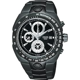 Mens Pulsar noir en acier inoxydable Chrono tachymètre Date 10ATM montre occasionnels PF3807AC