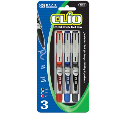 BAZIC Clio Jumbo Ink Tank Needle-Tip Mini Gel Pen with Metal Clip, Assorted, 3 Per Pack