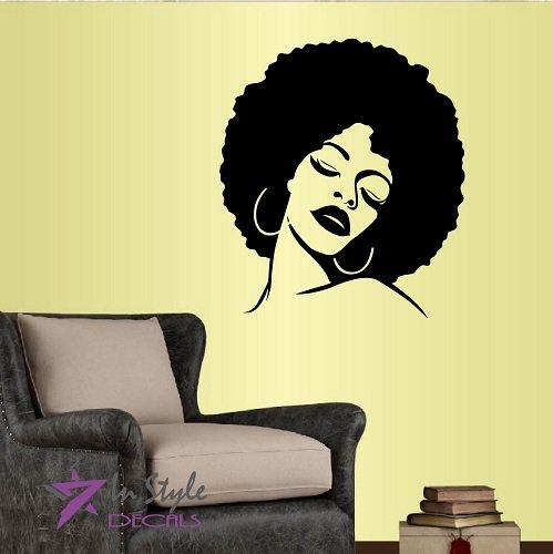 Wall Vinyl Decal Home Decor Art Sticker Beautiful Woman with Afro Hair Closed Eyes Beauty Hair Salon Room Removable Stylish Mural Unique Design