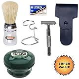 Shaving Set with ASC #34HD Razor with Travel Case, 10 Pack Lord Super Stainless Razor Blades, Omega Silver Professional Series Brush, Chrome Brush Stand, and Proraso Shave Cream