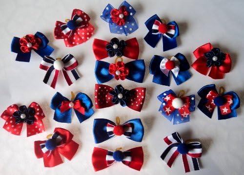 JJ Contour Pack of 100 Patriotic 4th of July Dog Grooming Bow Collection 1.5 inch Size with Poms/Stars/Roses - Super Value Pack for Groomers or PET Shops
