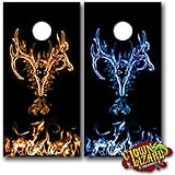 CL0045 Flaming Buck Skull Orange vs Blue CORNHOLE LAMINATED DECAL WRAP SET Decals Board Boards Vinyl Sticker Stickers Bean Bag Game Wraps Vinyl Graphic Image Corn Hole Deer Hunter Hunting Browning