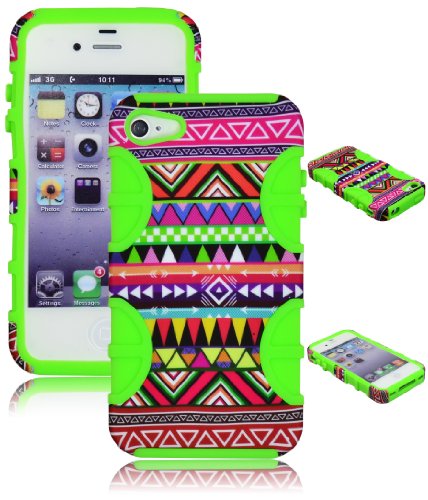 Bastex Hybrid Case for Apple Iphone 4, 4s, 4g - Bright Green Silicone / Aztec Tribal Hard
