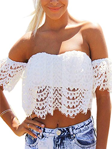Persun Women White Off Shoulder Crochet Lace Layer Crop Top Bralettes