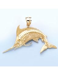 Gold Nautical Charm Pendant 3-D Blue Marlin High Polish& Satin