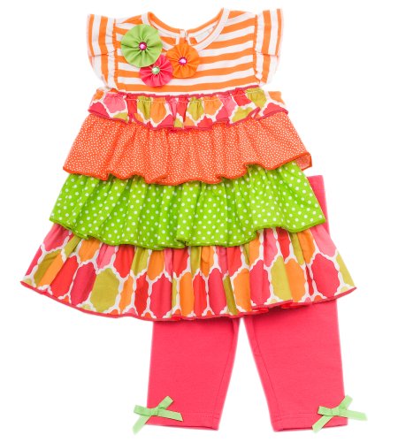 Size-4T, Orange, RRE-65313,Orange and White Striped Knit to Tiered Mix Print Dress and Legging Outfit Set, Rare EditionsTODDLERS, Girl Party Dress