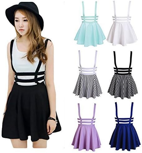 Runcent Women's Pleated Short Braces Suspender Skirt Black