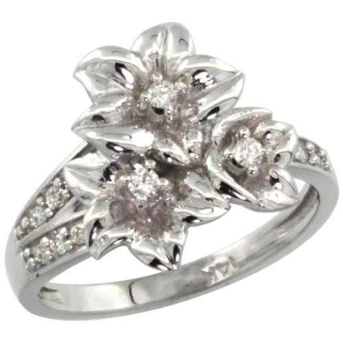 14k White Gold Triple Plumeria Flower Diamond Ring w/ 0.27 Carat Brilliant Cut ( H-I Color; VS2-SI1 Clarity ) Diamonds, 5/8 in. (16mm) wide, size 10