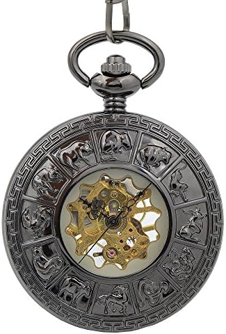Timeconcept Zodiac Retro Vintage Men's Black Mechanical Hand Wind Up Pocket Watch Steampunk