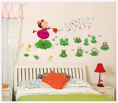 Magic Decals Girl Singing on Pond Lotus Leaf Frogs and Ducks Removable Wall Decal for Girls Room Wall Decor