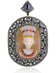 18kt Yellow Gold Diamond Blue Sapphire Cameo Design Pendant Silver Jewelry
