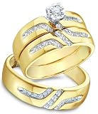 10k Yellow and White 2 Two Tone Gold Mens and Ladies Couple His & Hers Trio 3 Three Ring Bridal Matching Engagement Wedding Ring Band Set – Round Diamonds – Solitaire Center Setting (1/4 cttw, H Color, I1 Clarity)