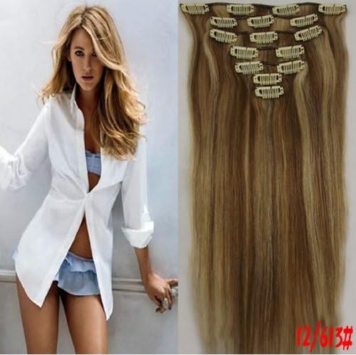 Clip in Remy Human Hair Extensions 12/613# Light Brown with Bleach Blonde 7pcs 70g