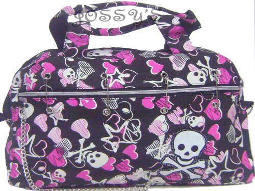 Skull Shoulder Handbag Black with white/pink Hearts