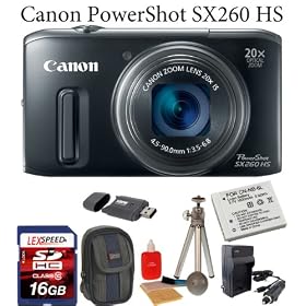 Canon PowerShot SX260 HS 12.1 MP CMOS Digital Camera with 20x Optical Zoom 25mm Wide-Angle Lens with 1080p Full HD Video and 3.2-Inch LCD With GPS Tracker and Map (Black) + Padded Case + Battery + 16GB Class 10 Memory Card + Cleaning Kit + Mini Tripod + SD Memordy Cared Reader + Travel Charger + Scr