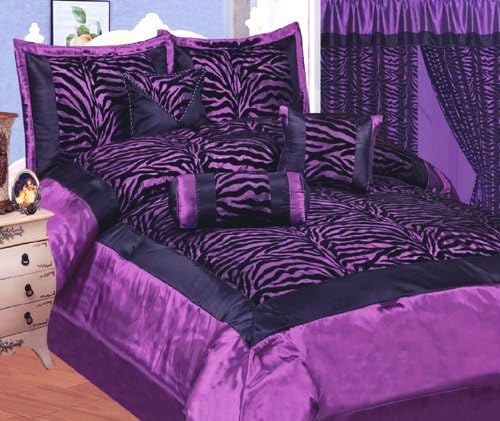 California Cal King Faux Silk and Flocking Black / Purple Zebra Comforter Set Bedding-in-a-bag
