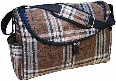 Plaid Linen Cotton Stylish Messenger Diaper Bag, Changing Mat, Insulated Bottle Holder and a Wet Bag Included, Plaid
