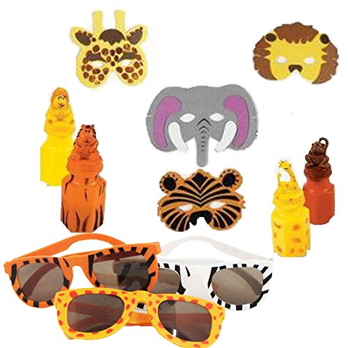 Safari Animal Party Favor Pack Including Bubbles, Sunglasses, and Masks for 12 Guests