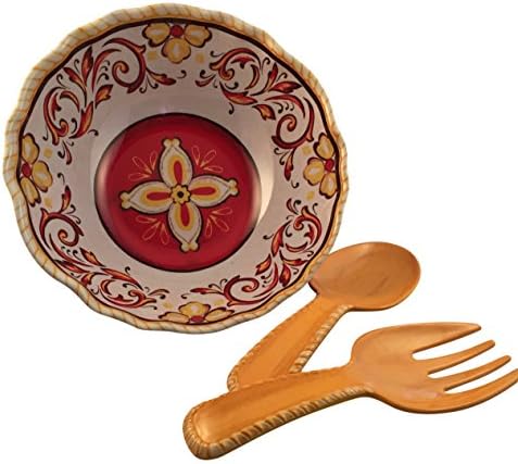 Red Medallion Melamine Serving Bowl &amp; Salad Server Set
