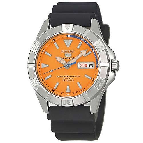 SEIKO 5 Men's Sport Automatic Orange Dial Watch with Rubber Strap. Model: SNZD29K