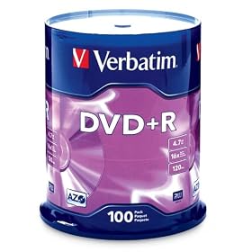Verbatim 95098 4.7 GB 1x-16x Branded Recordable Disc DVD+R, 100-Disc Spindle