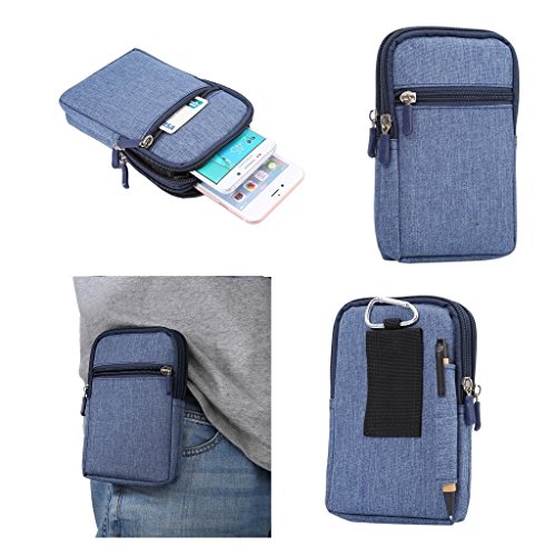 DFV mobile - Universal Multi-functional Vertical Stripes Pouch Bag Case Zipper Closing Carabiner for => Hiwaves Hi5X > BLUE (17 x 10.5 cm)