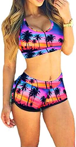 Ashmaq Womens Summer Two Piece Printed Colorful High Waist Halter Bikini Swimsuit Beach Tank Top