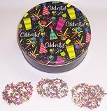 Scott's Cakes 1 lb. Dark Chocolate Covered Pretzel with Chocolate Chips & Jimmies in a Celebrate Tin