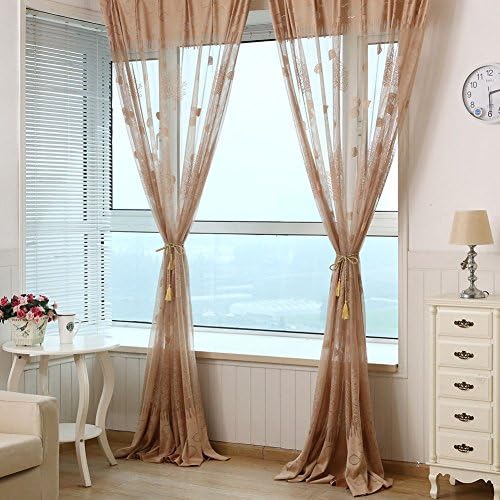 Curtains Decorative, Leaf Tulle Voile Room Door Window Curtain Panel Sheers Scarfs Valances Drape, Curtains for Living Room (Coffee)