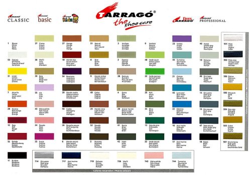 Tarrago Color Charts for Shoe Polishes & Creams, Shoe Dyes (Leather & Suede), Quick Color Dye Kits and Coloring Creams.
