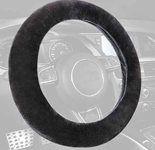 Houyue Tight Grip Soft Plush Steering Wheel Cover Sheepskin, Keep Hands Warm in Winter, Size Medium (14.5''-15'') (Black)