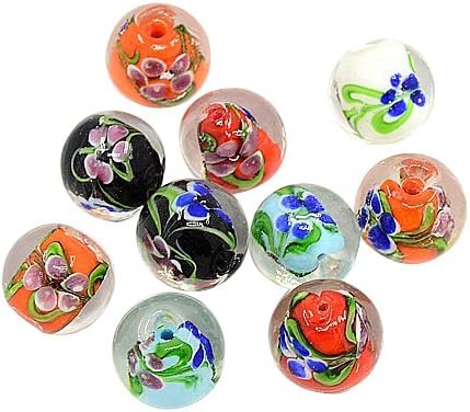 Pandahall 10pcs 20mm Mixed Color Round Handmade Gold Sand Flower Lampwork Beads for Nacklace Making